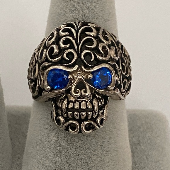 925 sterling silver skull biker ring blue cz stone - Picture 2 of 5